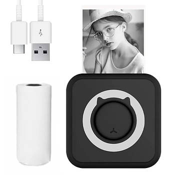 Портативний міні принтер + рулон термопаперу, Чорний / Дитячий термопринтер / Кишеньковий міні принтер