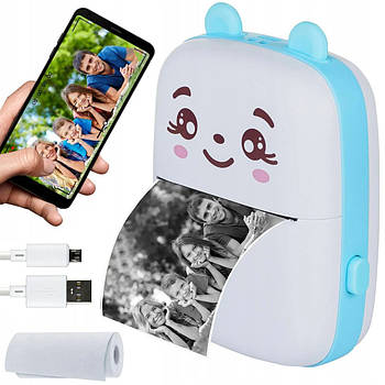 Портативний міні принтер + рулон термопаперу, Блакитний / Дитячий Bluetooth фотопринтер / Термопринтер