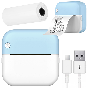 Портативний міні принтер з Bluetooth, М3, Блакитний + Рулон термопаперу / Bluetooth принтер / Дитячий