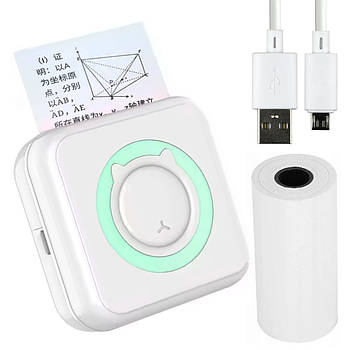 Портативний Bluetooth принтер + рулон, Бірюзовий / Міні-принтер для друку з телефону / Термопринтер