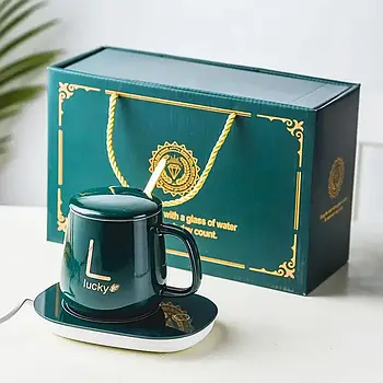 Чашка 400мл на підставці з підігрівом до +55 °С, Зелена / Кухоль в подарунковій коробці