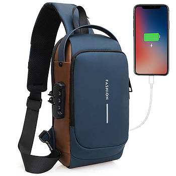 Чоловіча сумка через плече 32х16 см, з USB-роз'ємом і кодовим замком, Синій/Водонепроникна сумка-слінг