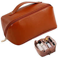 Косметичка с полным доступом из экокожи (23,5х13х13 см), Коричневый / Дорожная женская сумка-косметичка