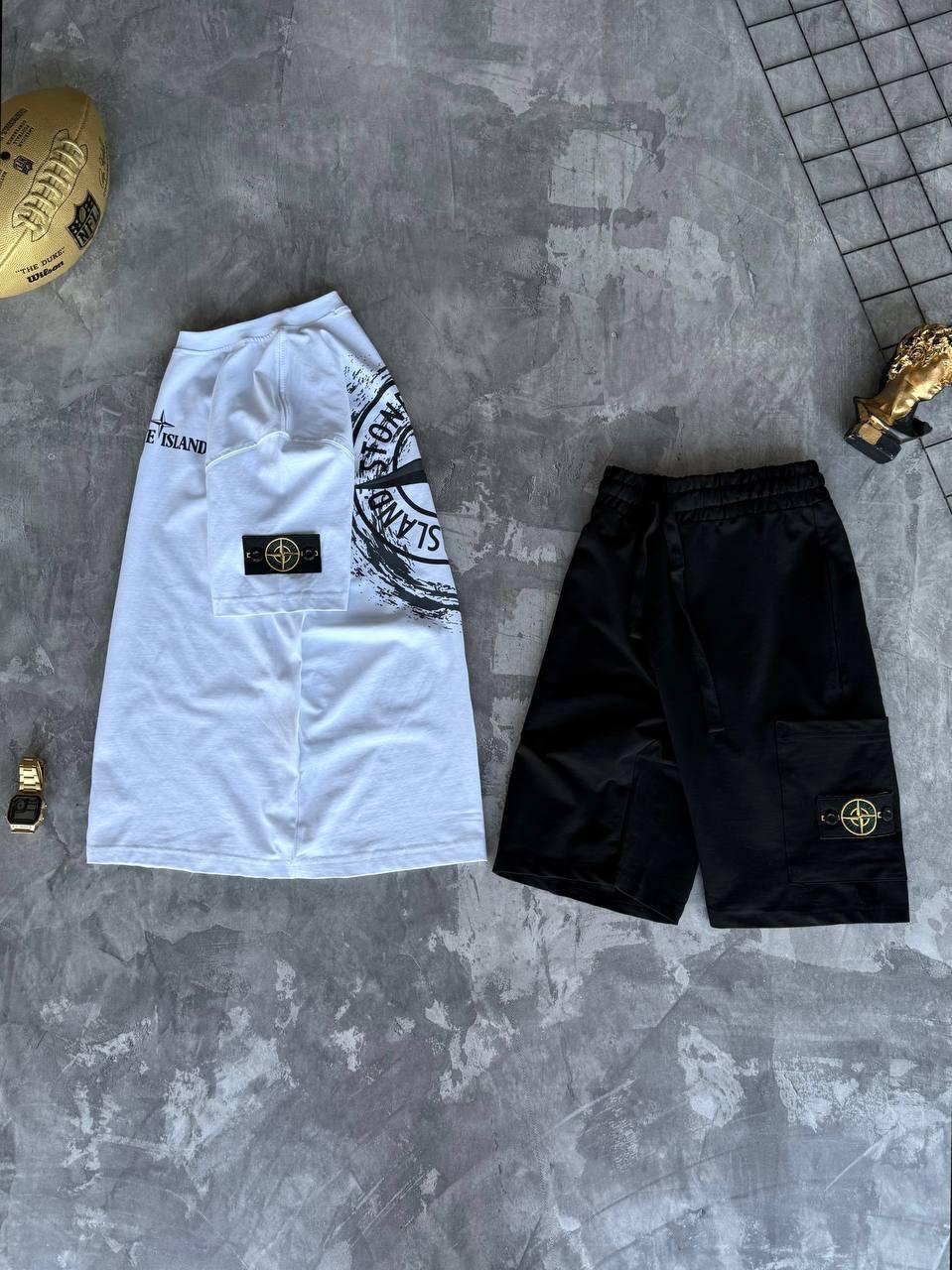Костюм чоловічий літній біла футболка та чорні шорти фірмовий Stone Island, фото 1