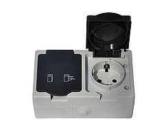 Розетка з кришкою подвійна IP54 Elbrus GISelt з землею, сіра пиловологозахищена, вулична зовнішня G 528018