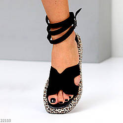 Люксові замшеві чорні босоніжки римлянки на леопардовій підошві