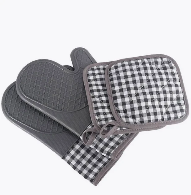 Набір кухонні рукавички 2 шт і 2 шт прихватки для гарячого силіконові сірий колір, фото 1