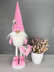Інтер'єрна іграшка на ніжках 55см розовий. Гном скандинавський весняний бородань.