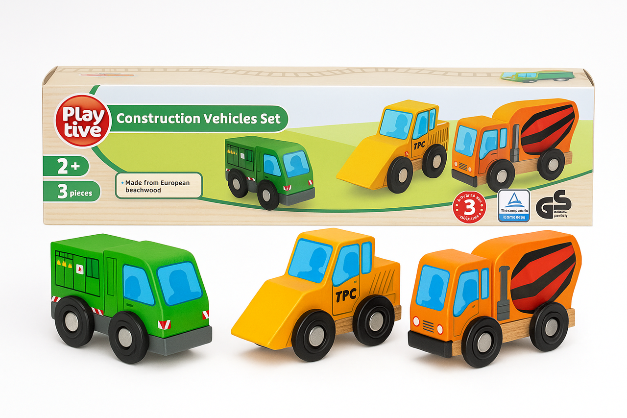 Дерев'яні машинки Playtive: сміттєвоз, бульдозер, бетономішалка для дитячої залізниці Brio, Ecotoys, Doris, фото 1
