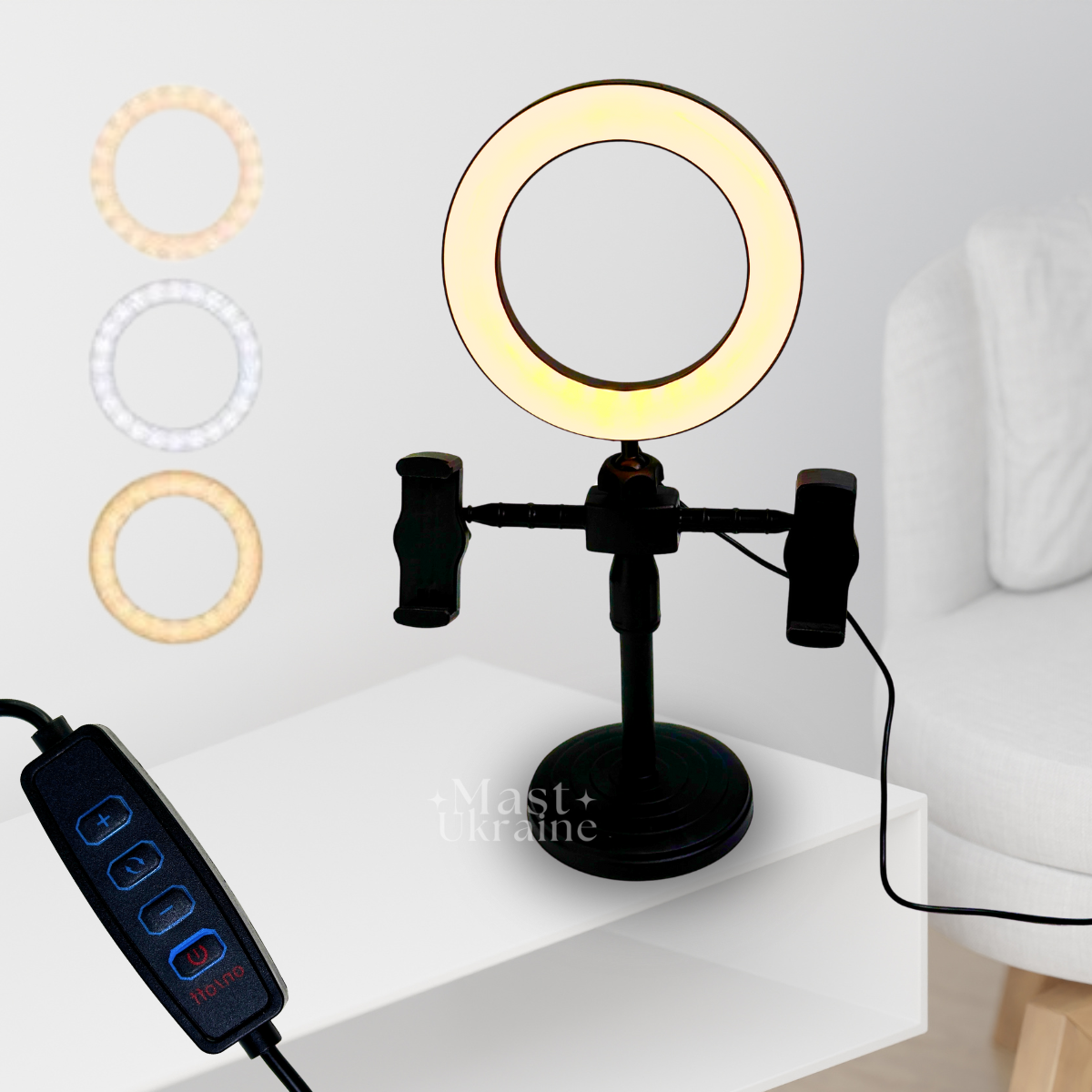 Кільцева Led лампа 16 см на штативі з 2 тримачами світлодіодна Refil Light Чорна RLL-16-Black, фото 1