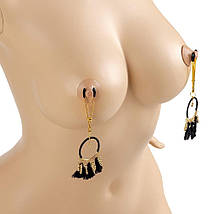 Декоративні золоті затискачі для сосків Virgite Nipple Clamps з чорними пензликами, фото 4