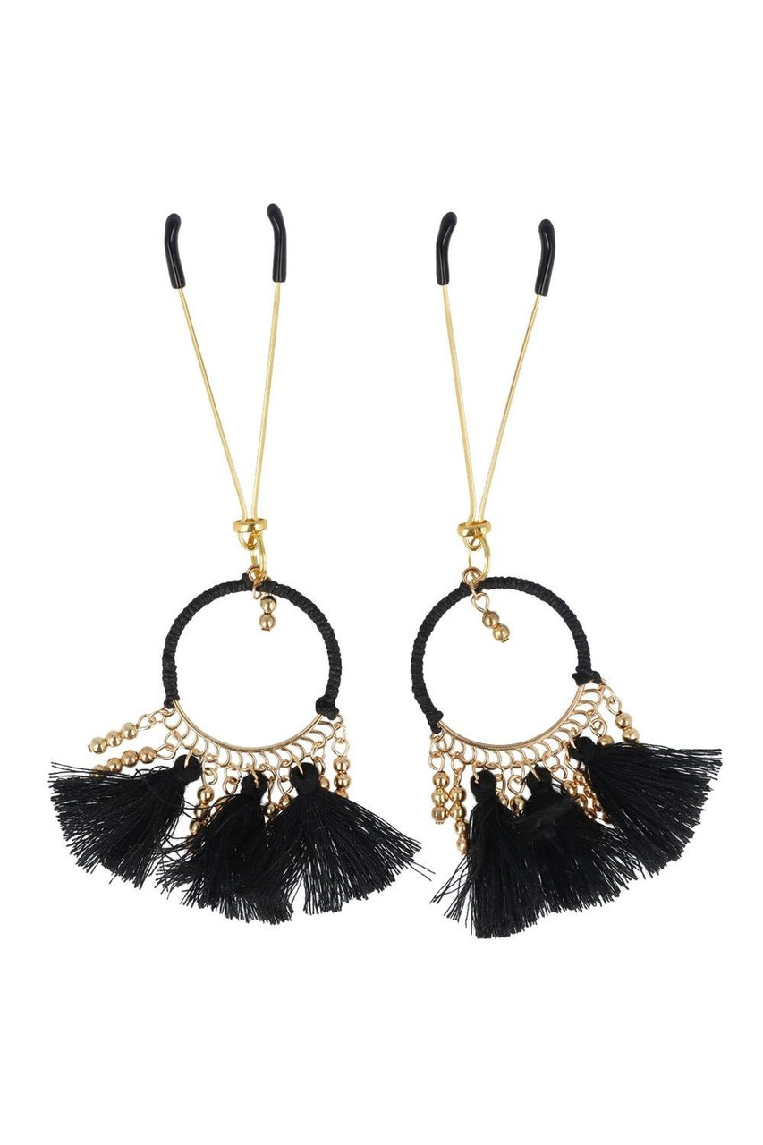 Декоративні золоті затискачі для сосків Virgite Nipple Clamps з чорними пензликами kitty.in.ua, фото 1