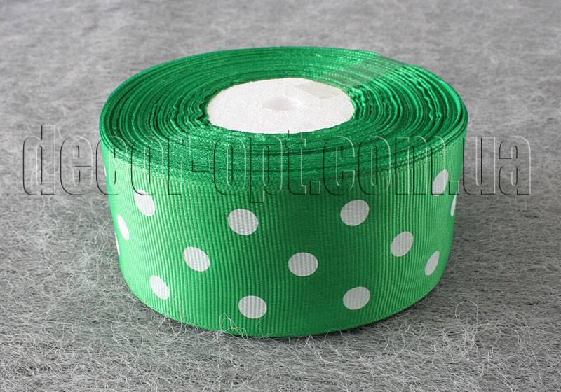 Стрічка репсова зелена з горохом 4 см 25 ярд