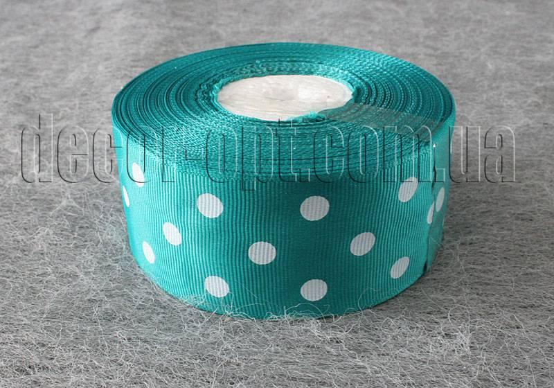 Стрічка репсова бірюзова з горохом 4 см 25 ярд