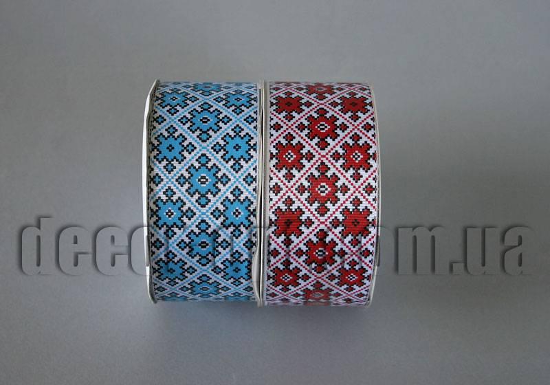Стрічка репсова укр.орнамент із білою окантовкою 4 см/25 ярд