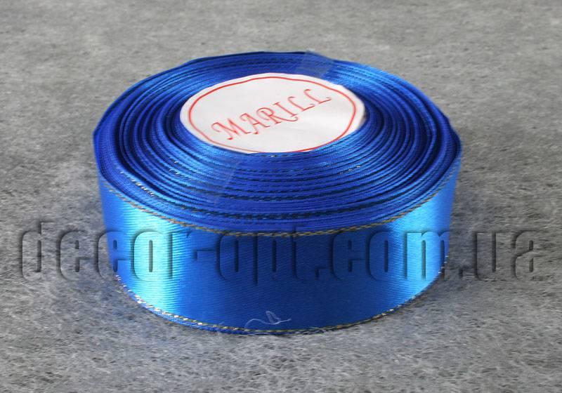 Стрічка атласна синя із золотим люрексом 2,50 см 36 ярд 40