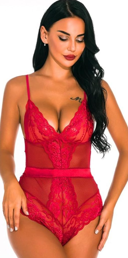 Червоний жіночий боді з м'якою чашкою з мереживом та сіткою