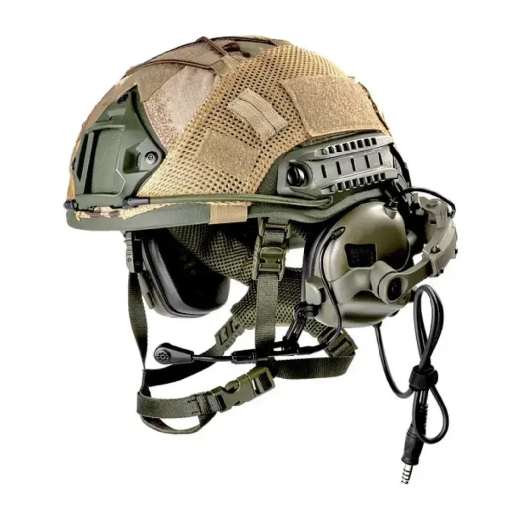 Тактичний шолом Fast Helmet Team Wendy PE NIJ IIIA розмір S – високий виріз, олива + навушники Earmor M31 MOD3