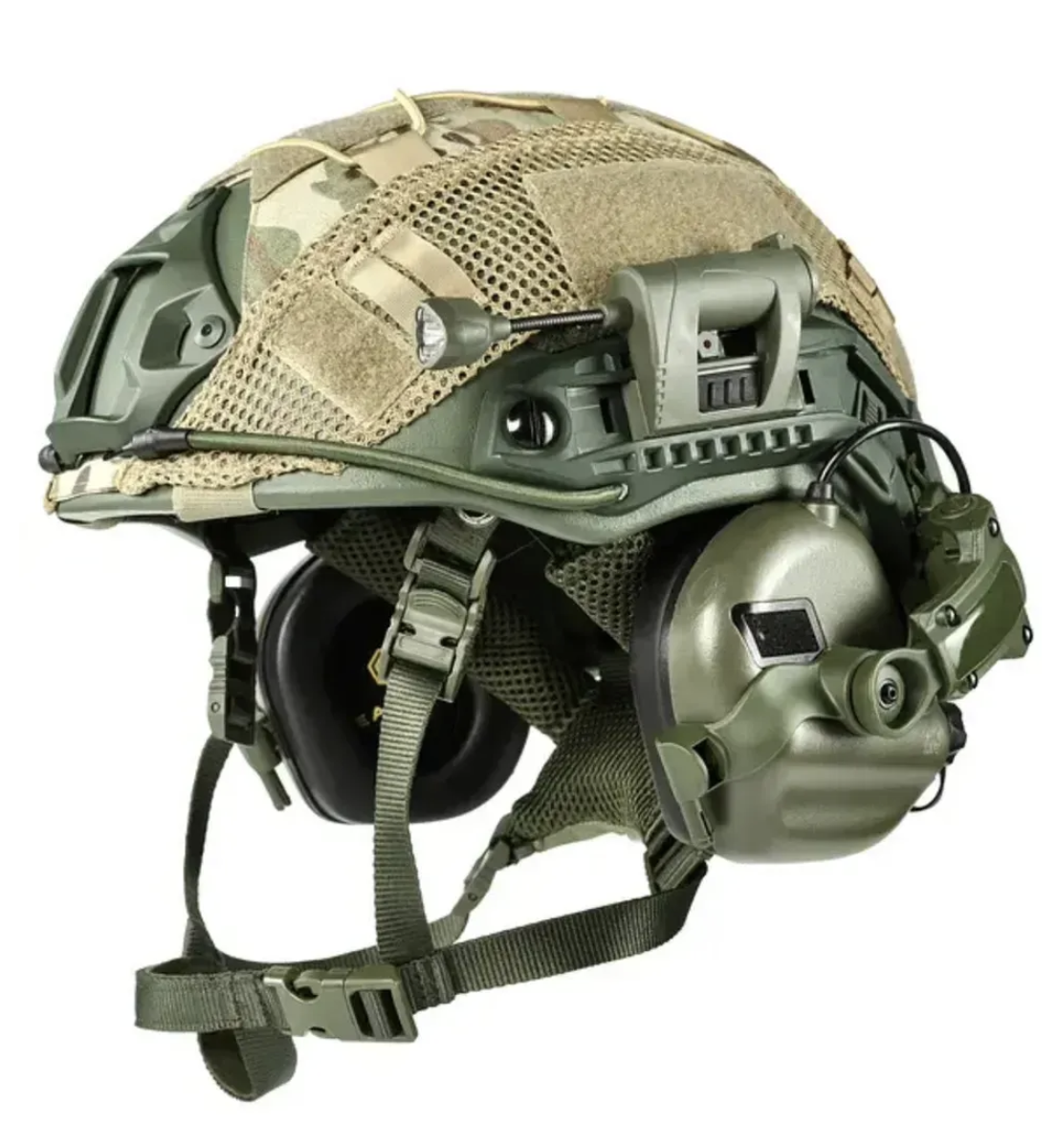 Тактичний шолом Fast Helmet Ops-Core PE NIJ IIIA розмір S – високий виріз, олива + навушники Earmor M31 MOD3 + ліхтарик