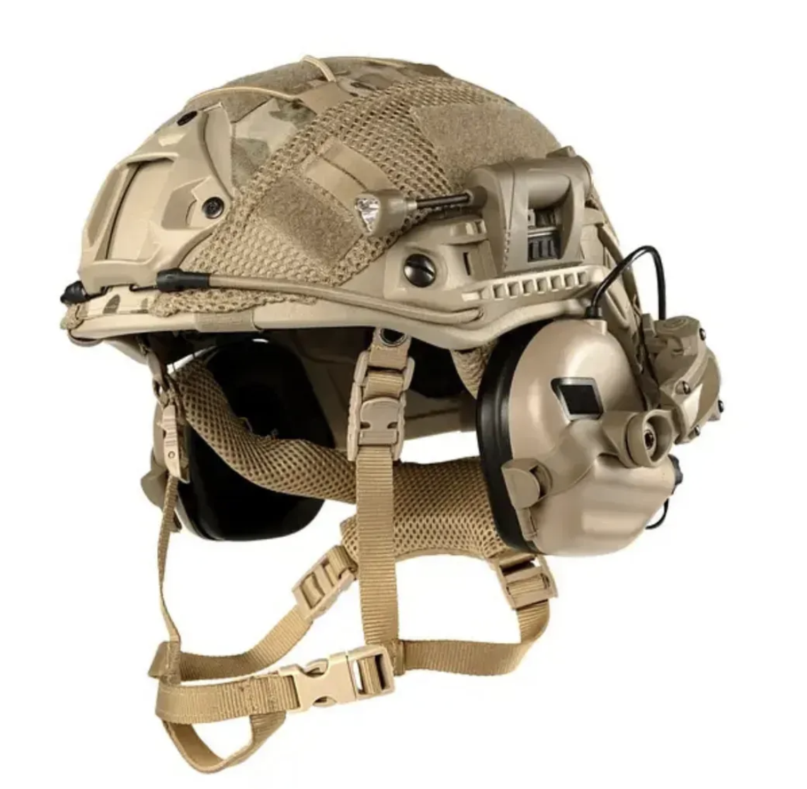Тактичний шолом Fast Helmet Ops-Core PE NIJ IIIA розмір S – високий виріз, койот + навушники Earmor M31 MOD3 + ліхтарик