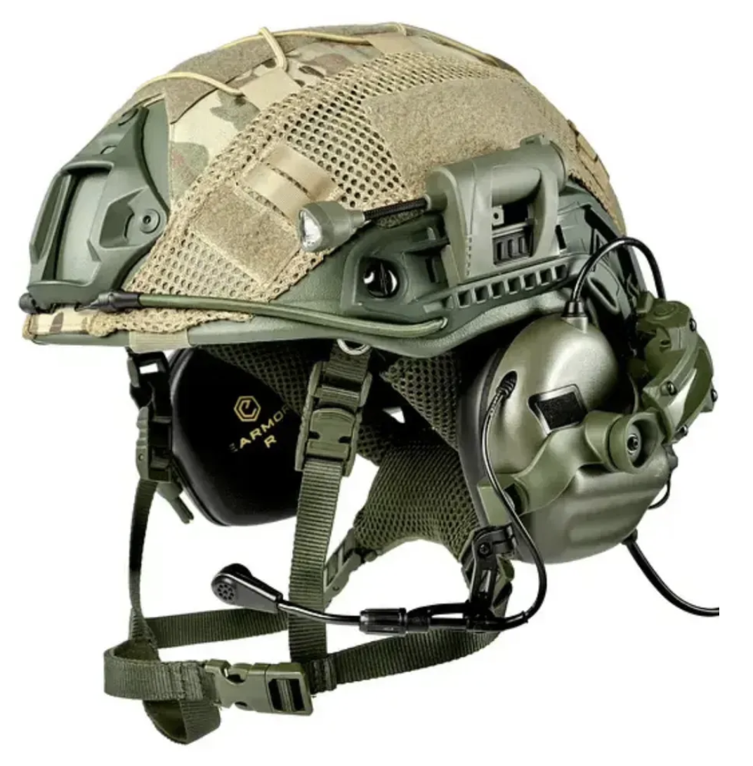 Тактичний шолом Fast Helmet Ops-Core PE NIJ IIIA розмір S – високий виріз, олива + навушники Earmor M32 MOD3 + ліхтарик, фото 1