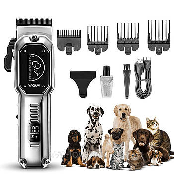 Акумуляторна машинка для стрижки тварин VGR V-201, 4 насадки, LED display
