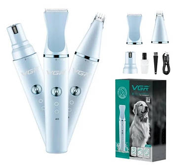 Акумуляторна машинка для стриження тварин VGR 3 в 1 V-205, 3 насадки, IPX7