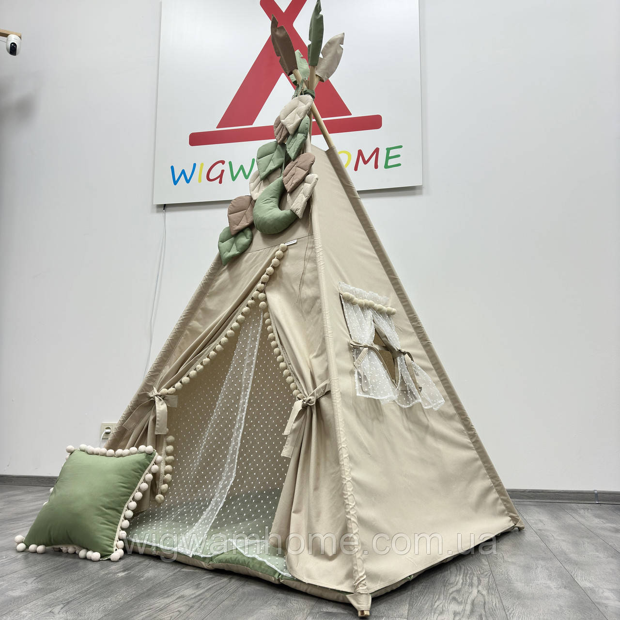 Дитячий Вігвам «Бежево-зелений», Повний комплект, В подарунок 🎁 підвіска та пірʼя на палки