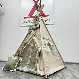 Дитячий Вігвам «Бежево-зелений», Повний комплект, В подарунок 🎁 підвіска та пірʼя на палки