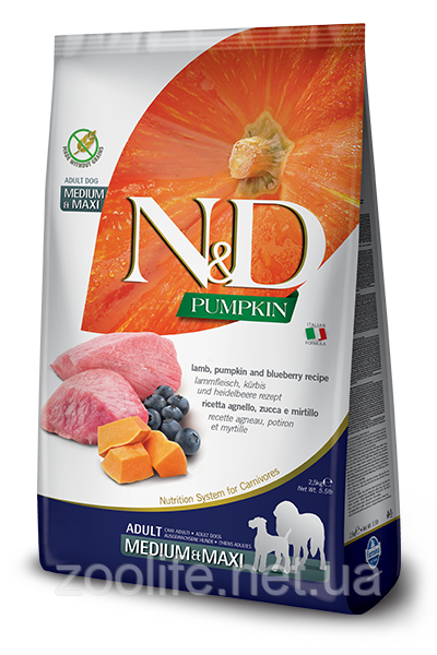 Сухий корм Farmina (Фарміна) N&D Grain Free Pumpkin Dog Lamb & Blueberry Adult Medium & Maxi беззерновий для собак 12 кг - фото 1 - id-p2593215245