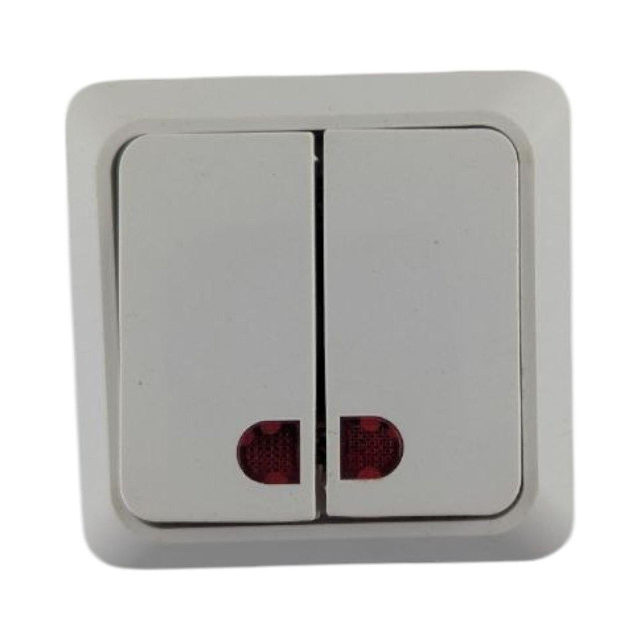 Вимикач накладний двоклавішний (2-кл) з підсвіткою, у пакеті, фото 1