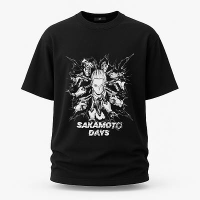 Чоловіча футболка чорна оверсайз з принтом Sakamoto Days