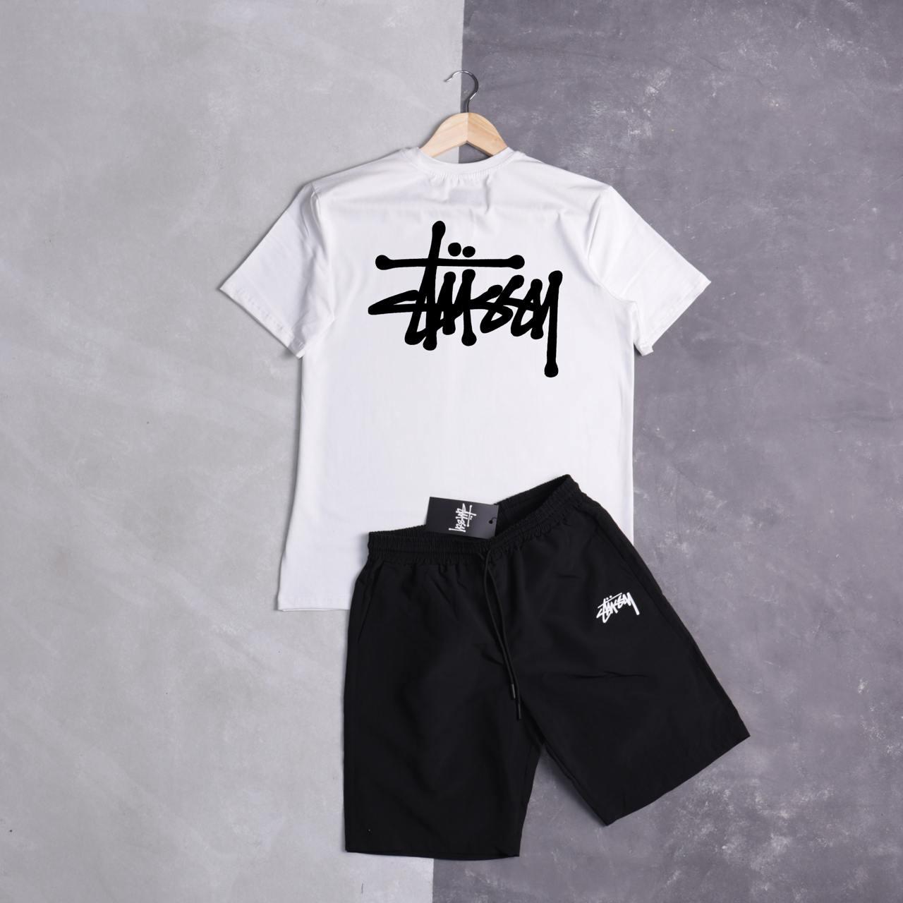 Чоловічий літній костюм Stussy Футболка + Шорти білий з чорним Комплект Стуссі на літо