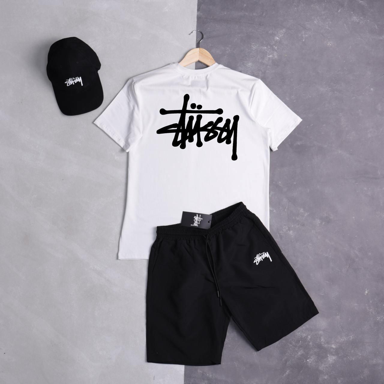 Чоловічий літній костюм Stussy Футболка + Шорти + Кепка білий з чорним Комплект Стуссі на літо