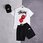 Чоловічий літній костюм Stussy Футболка + Шорти + Кепка білий з чорним Комплект Стуссі на літо, фото 4