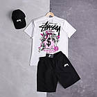 Чоловічий літній костюм Stussy Футболка + Шорти + Кепка білий з чорним Комплект Стуссі на літо, фото 5