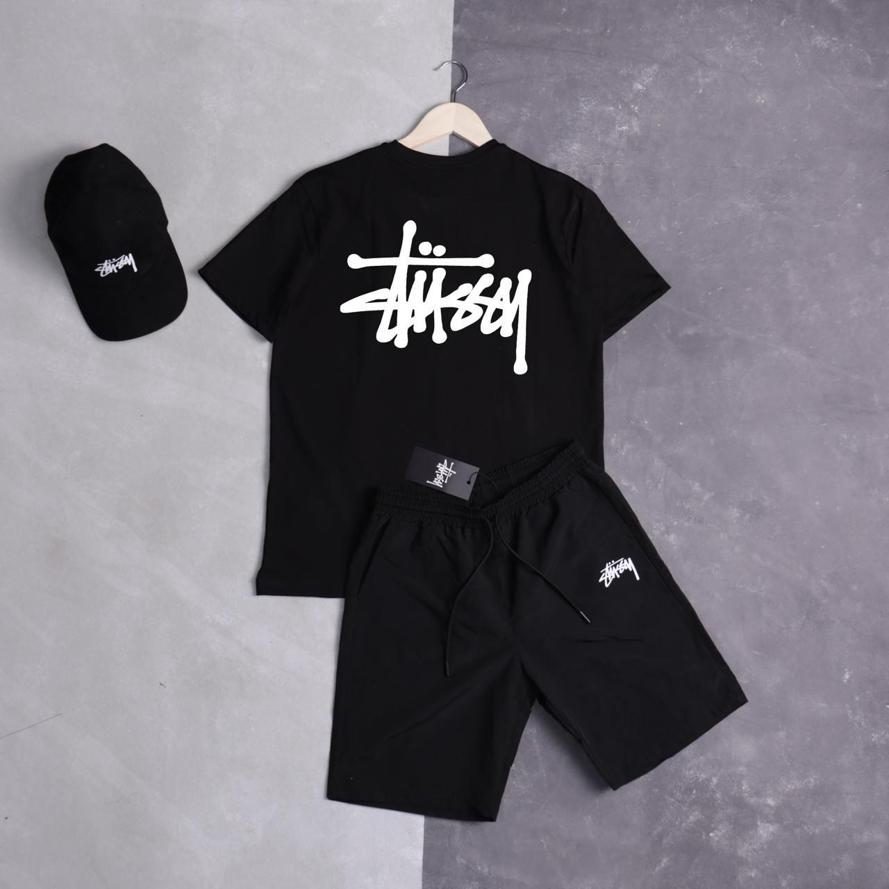 Чоловічий літній костюм Stussy Футболка + Шорти + Кепка чорний Комплект Стуссі на літо