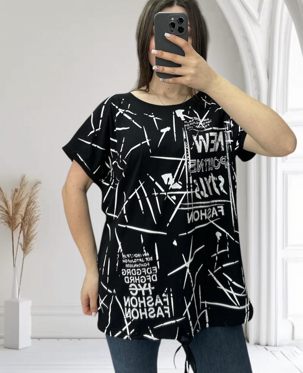 Жіноча футболка на зав'язці хаотичні штрих L XL XXL котон