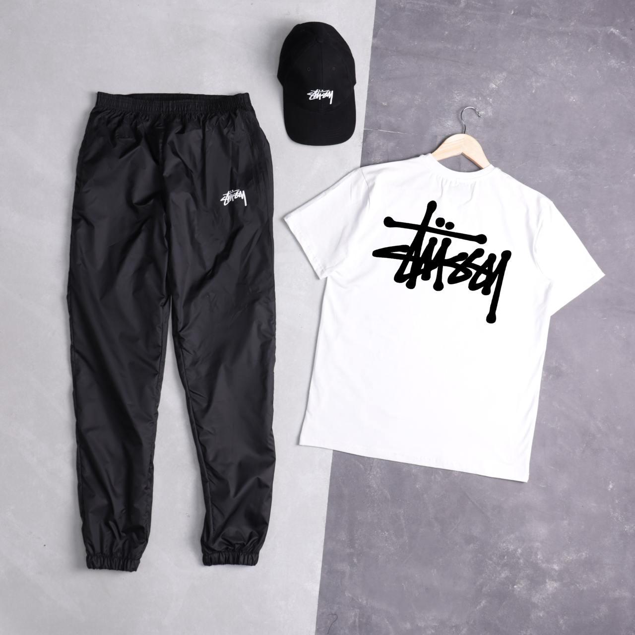 Чоловічий літній костюм Stussy Футболка + Штани + Кепка білий з чорним Комплект Стуссі на літо, фото 1