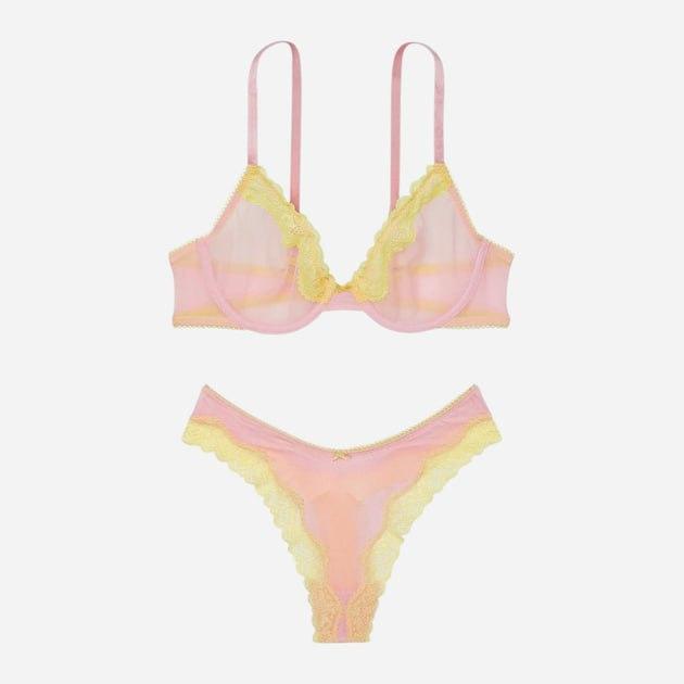 Комплект білизни з мереживом Victoria's Secret Tease Lace-Trim, 36С (80С), Рожевий з жовтим, фото 1