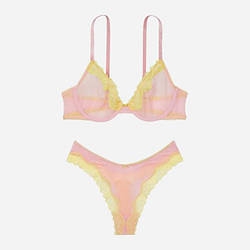 Комплект білизни з мереживом Victoria's Secret Tease Lace-Trim, 36С (80С), Рожевий з жовтим