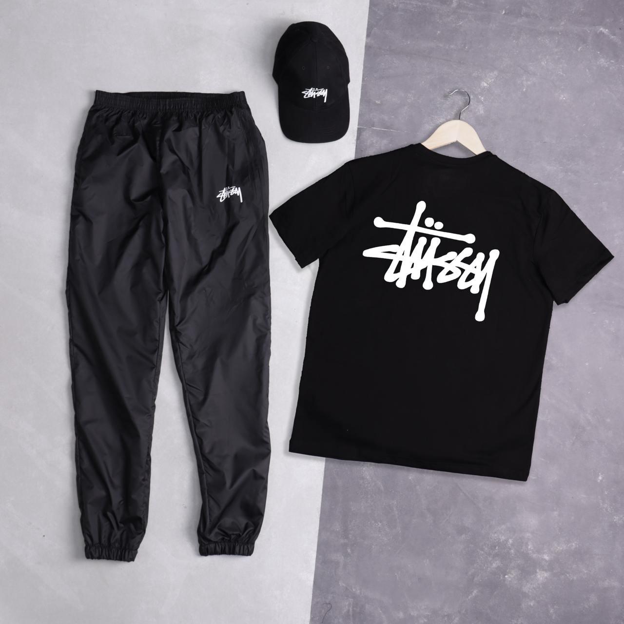Чоловічий літній костюм Stussy Футболка + Штани + Кепка чорний Комплект Стуссі на літо