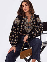 Женская вышиванка хлопковая, рукав фонарик Код Нации, размеры S-3XL (42-54) черная