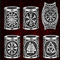 Скандинавские металлические бусины шармы "Символы викингов" в мешочке. Комплект 6шт., цвет серебристый.