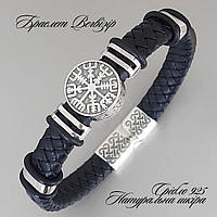 Кожаный браслет Рунический компас из серебра