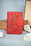 Жіноче Портмоне для документів шкіряне червоне з тисненням Маки | для автодокументві, паспорта, військового, фото 2
