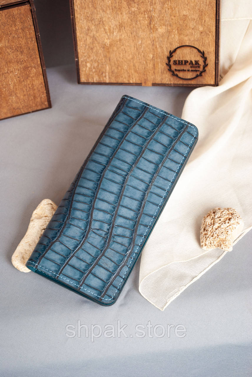 Жіночий гаманець з натуральної шкіри темно-бірюзовий з тисненням "Крокодил", фото 1