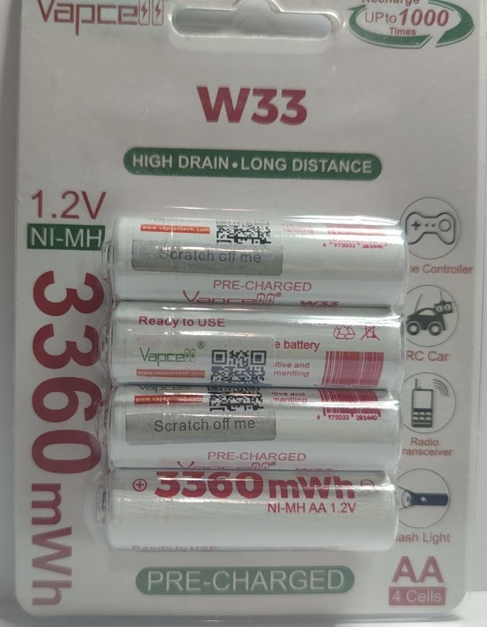 Акумулятори Vapcell W33 AA 3360 mWh 1.2V з ємністю 2800 мА·год.