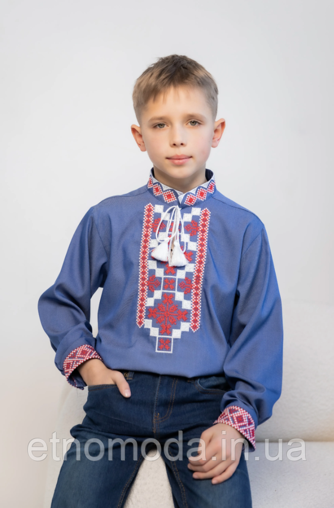Вишиванка для хлопчика (джинс, д/р) Ярко 128-152