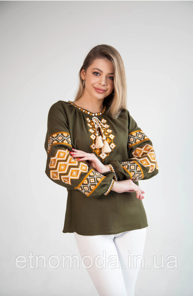Вишиванка жіноча (льон, бавовна, віскоза) Горянка хакі (S-XXL)